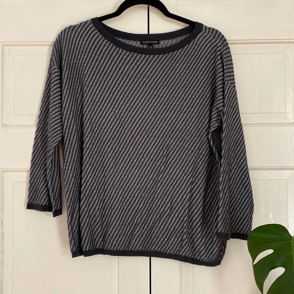 Eileen Fisher System Lightweight Tencel Top Sweater Blouse Diagonal Striped Gray
